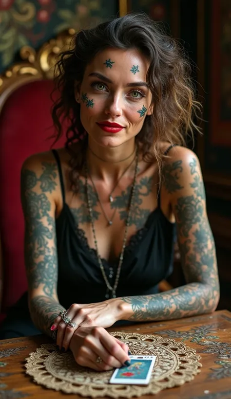 A middle-aged fortune teller with thin, curly brown hair and warm, golden skin, adorned with colorful, intricate tattoos on her cheeks and forehead, sits at a worn and ornate wooden fortune tellers table, surrounded by barely there velvet chairs. illuminat...