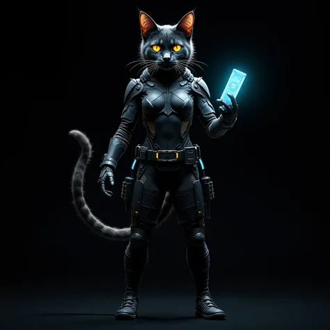 Black cat as a hi-tech cyberpunk warrior officer, Standing confidently with one hand holding a glowing neon blue data pad, front-view, black background, serious and fierce 