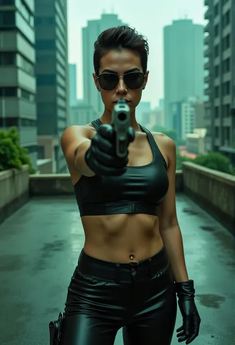 Create an image of a fierce, action-oriented woman standing on a futuristic rooftop. She is wearing a sleek, black leather outfit that highlights her athletic physique. Her short, dark hair is slicked back, and she sports dark sunglasses that reflect the u...