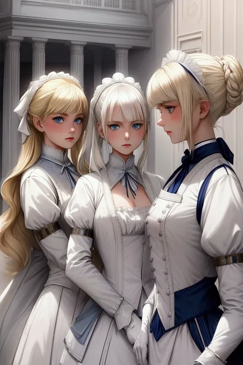 My three sister warrior maid girls, blonde platinum hair, blue eyes, white suit, Victorian era clothes, (white clothes), white gloves, house background