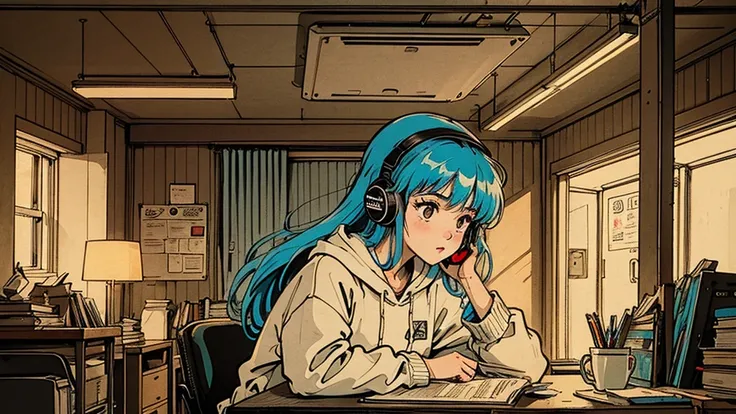   Im studying 80s anime style: Wide shot of a cute 21 year old girl with long blue hair in the dark 、Im in the bedroom at night、Wide shot of a cute 21 year old girl with long blue hair . sitting at a desk reading a book, He is wearing headphones and a loos...