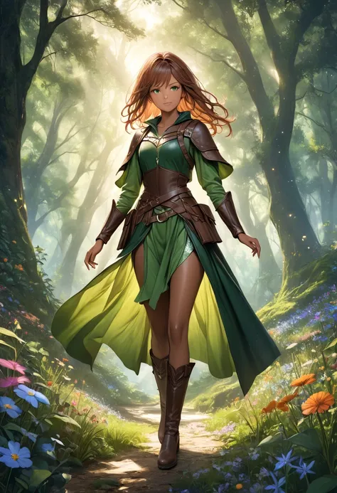 Dark Skin, Detailed beautiful young woman, Reddish golden brown hair, length,  not wearing pants , Perfect green eye detail,  delicate, symmetrical, realistic and beautiful face, (Magical forest background),  Ranger Costume Leather Armor,  fairy , Wild flo...