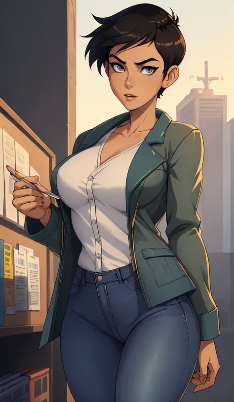 ((ultra quality)), ((masterpiece)), Lois Lane, short stature, ((black short hair tomboy hairstyle)), (Beautiful face), (beautiful female lips), (), charming, ((sexy facial expression)), looks at the camera, eyes slightly open, (light skin color), (light sk...