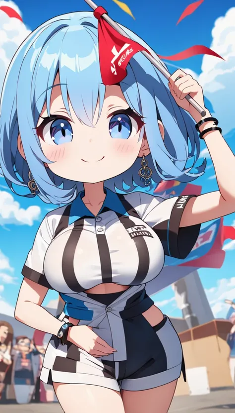  top quality、 Ultra-high precision 、Detailed view、  vibrant colors、Alone、 beautiful girl 、Age 30、 race queen、 blue sky、cloud、 T-Shirts 、 hotpants、Beautiful big boobs 、smile、holding a flag in hand、Beautiful figure、 magenta shorthair、  slender figure  、 Accu...