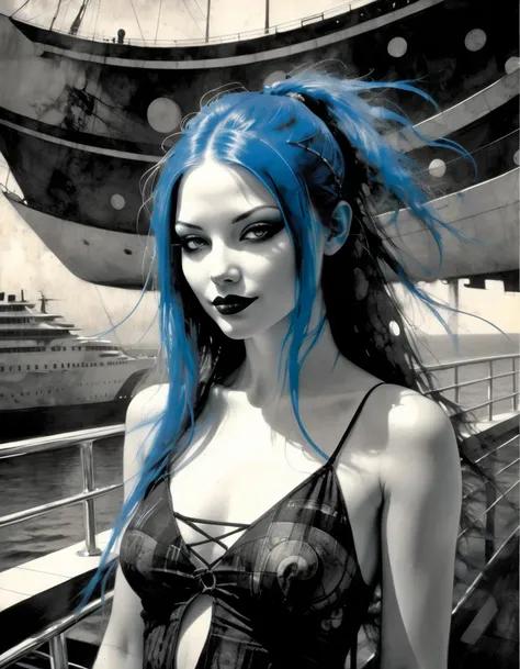 girl with long blue hair, small breasts, erotic posing,on a cruise ship,sexy summer dress, black and white image, smile (inspirational art by Bill Sienkiewicz and Dave McKean) (best quality,4k,8k,highres,masterpiece:1.2),ultra-detailed,(realistic,photoreal...