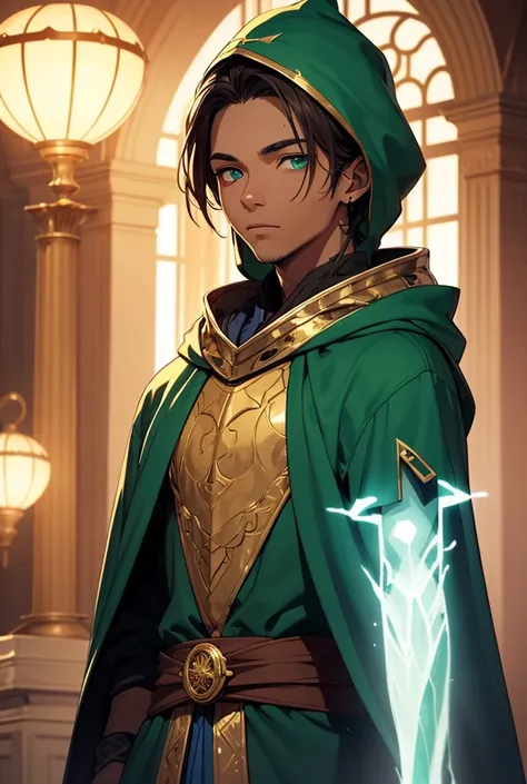  I want a man with brown skin short straight hair , and a wizards robe and a green wizards hood with gold details,with eyes shining blue,And with colored lights around his body ,