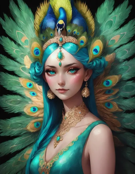  peacock girl with turquoise eyes, turquoise square ,  with peacock wings and tail,  as well as wings behind her ears .  in carnival and open clothes .