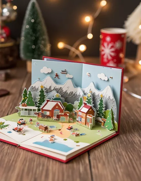 3DJZ,
A Miniature Adventure: A Book Opens to a Landscape of Mountains and Clouds,with Two Small Figures Exploring an Unseen Path.,
incredibly absurdres,huge filesize,wallpaper,colorful,，snowflake, ( Christmas atmosphere in the room :1.5)