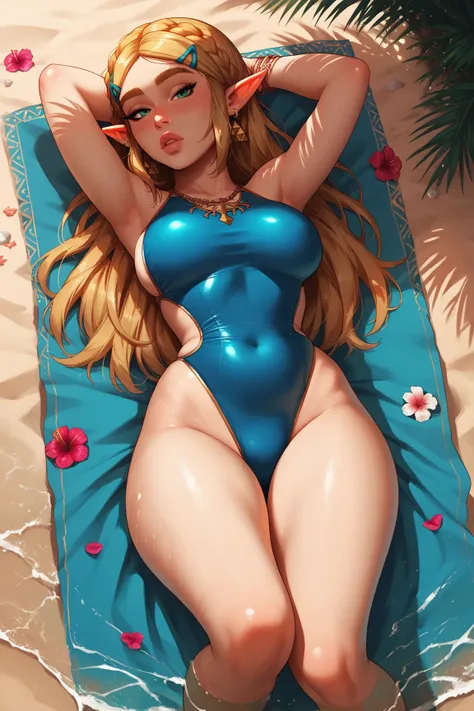 1girl, princess_zelda, swimsuit, one-piece_swimsuit, pointy_ears, solo, blonde_hair, flower, lying_on_stomach, legs_open, large_breasts, looking_at_viewer, hair_ornament, braid, long_hair, blush, blue_swimsuit, earrings, hairclip, beach, green_eyes, jewelr...