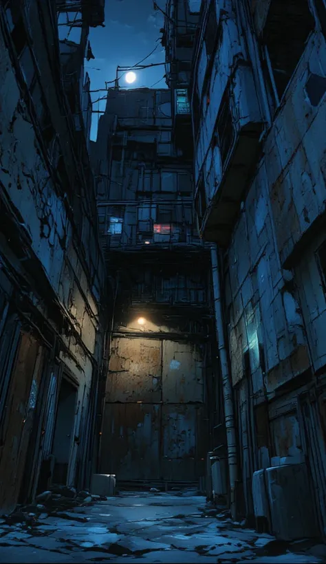 Dimly lit urban alley at night, narrow walls covered in cracked brick and faded graffiti, faint beams of moonlight filtering through gaps between tall buildings, a rusted metal door at the far end, scattered trash and debris along the ground, shadows cast ...