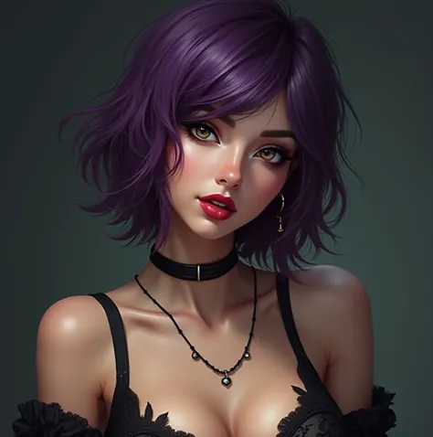 toned body, , black necklace , , , deep neckline , , short haircut, disheveled purple hair, red lips, moist skin, rich makeup, rich black eyeliner, 8k, ultra-detailed skin texture, Ultra-realistic skin texture.cyberpunk style