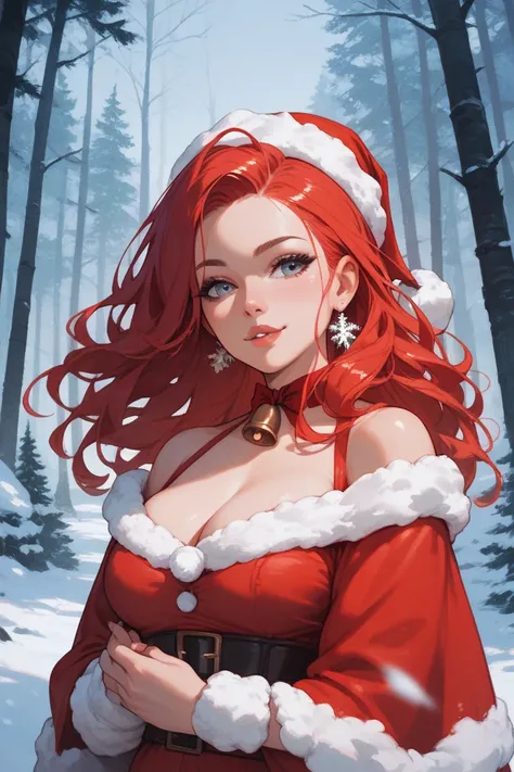 beautiful winter forest. Santa Claus and a red-haired girl next to her
