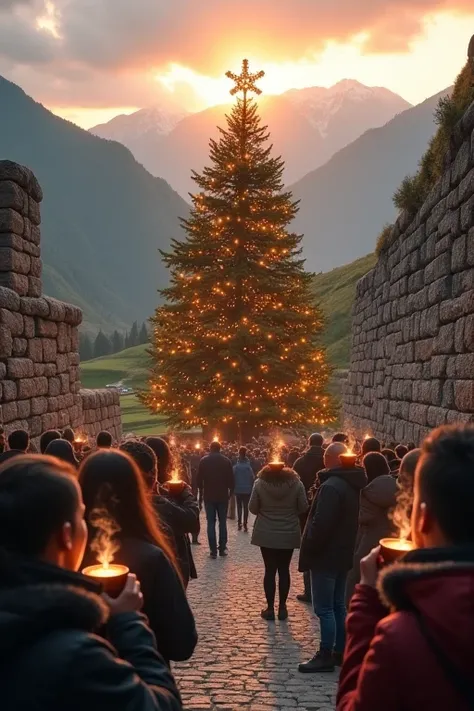 There are some ren drinking chocolate in the streets of Machupichu with a beautiful Christmas tree and the sun rising between the hills