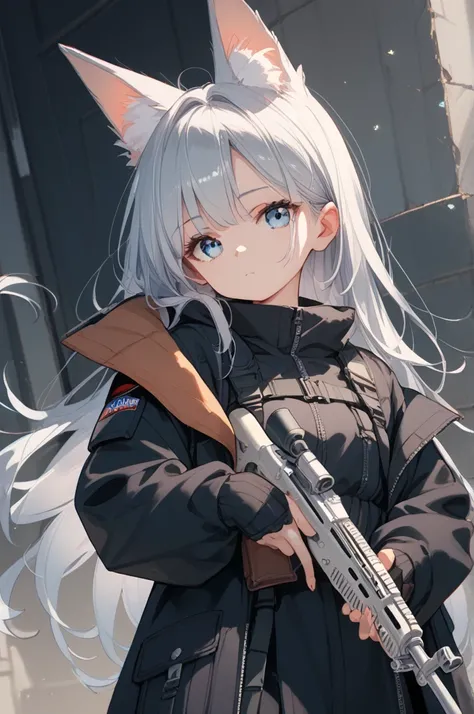 masterpiece, large boobs, cute, black cyber suit, black coat, rifle, long hair, silver hair, light blue eyes, fox ear, set up