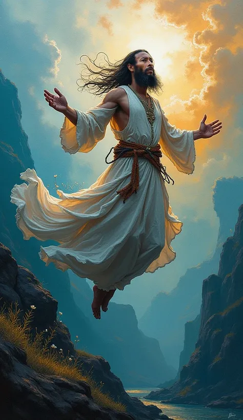 Atmospheric and spiritual, subtle ethereal, flowering, growth in movement, only the linearly drawn face of a man with a profuse beard and hair, a shaman or monk, of high wisdom, who floats in the air in movement, elegance, vivid colors, strokes that resemb...