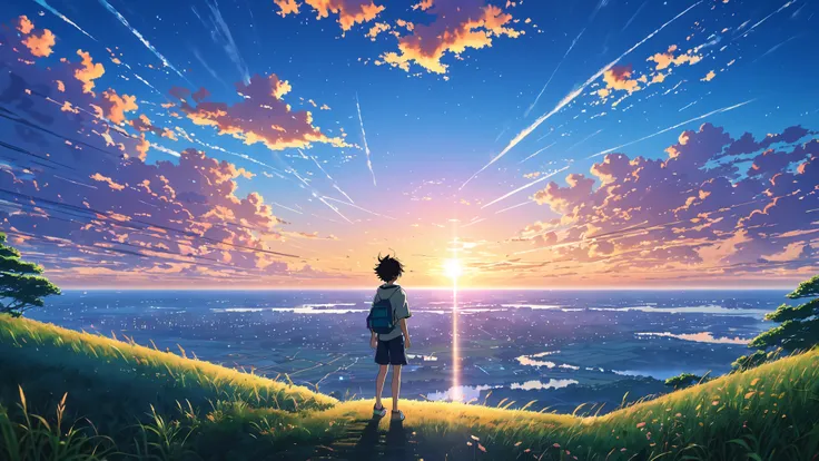 The animated landscape image depicts a 、 boy jumping into the void, At sunset,  is visible from a distance, A beautifully colored animated scene ,  is visible from a distance,  beautiful anime peaceful scene ,  Makoto Shinkai Cyril Roland ,  Beautiful Anim...