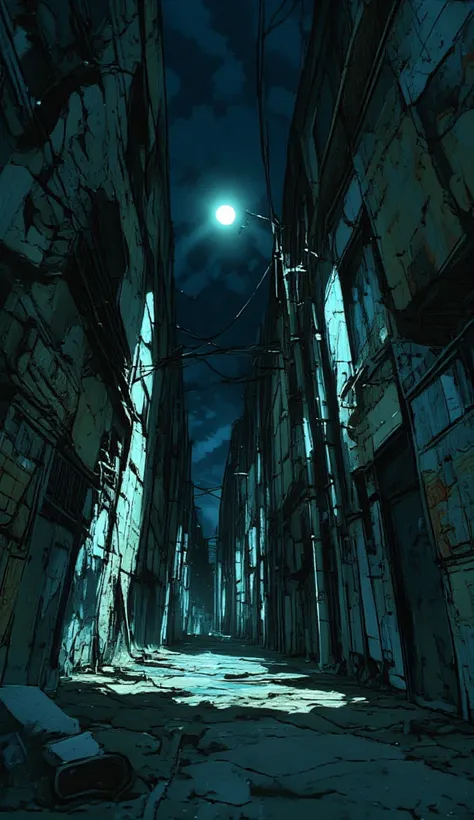 A narrow, grimy alley at night, dimly lit by a flickering streetlamp. The ground is littered with trash and puddles of dirty water reflecting the faint light. Crumbling brick walls, covered in peeling posters and graffiti, line both sides of the alley. Sha...