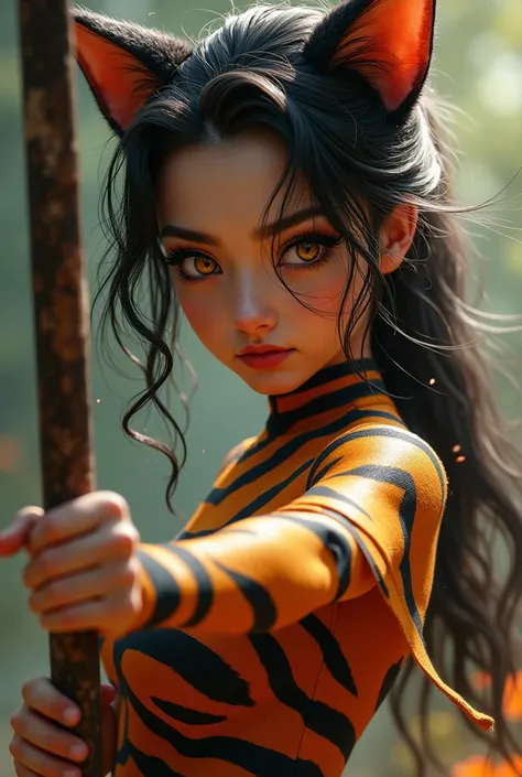  Masterpiece.  super detailed . very realistic. ok full hd .  Her features had acquired a distinctly feline quality ,  with a cascade of vibrant hair with orange and black stripes that framed a face that was nothing short of impressive .  The golden amber ...