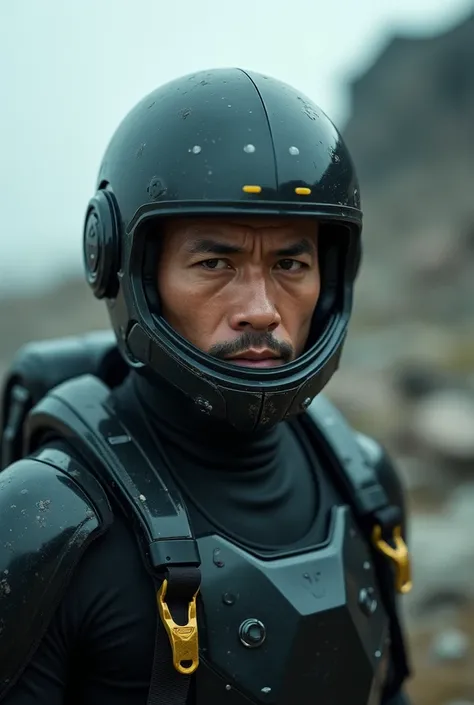 there is a man wearing a helmet and a wet suit, cinematic still frame, edgar maxence and ross tran, face close - up, futuristic soldier, movie still of a tired, by Pierre Laffillé, military, without helmet, male with halo, shattered earth, chappie, colour ...