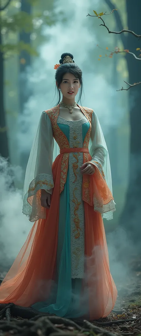 / I Woman in Chinese Dai style costume，Full body frontal photography ，High and cold，Confident expression，forest， background blur，Full of smoke， Tyndall Effect ，Rim Light， is colorful，Full of oriental charm， high quality，Clear focus， intricate details ，Orie...