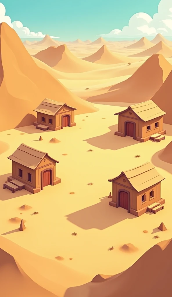 background for casual game, isometric, cartoon style, desert with dunes, no human, no buildings, free space for 5 separated buildings in center