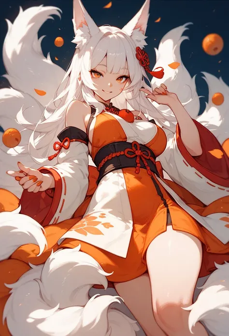 hot anime  Kitsune  girl who has  orange and white hair and   has  Ears and 9 tails and  is wearing a dress....