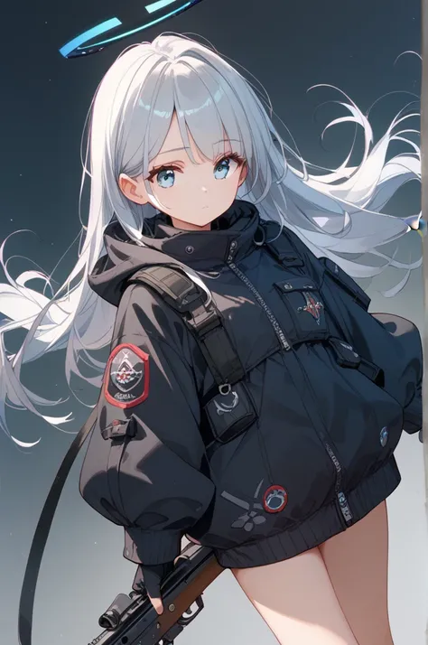 masterpiece, large boobs, cute, black cyber suit, black coat, rifle, long hair, silver hair, light blue eyes, set up, halo