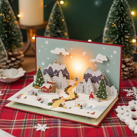 3DJZ,
A Miniature Adventure: A Book Opens to a Landscape of Mountains and Clouds,with Two Small Figures Exploring an Unseen Path.,
incredibly absurdres,huge filesize,wallpaper,colorful,，snowflake, ( Christmas atmosphere in the room :1.5)