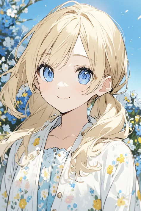  blonde ponytail, chest,  smiles, deep blue eyes , The background is Simple White、Spring clothes、