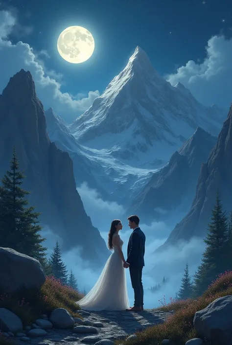 A woman courting in the mountains at night 