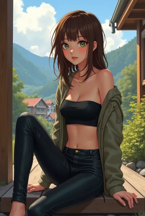 artwork, young asian teen, brown hair, green eyes, pale skin, slim, black tube top, bare midriff, open thin jacket, low waist leather pants, ballet flats, sitting on a porch, modern mountain town background
