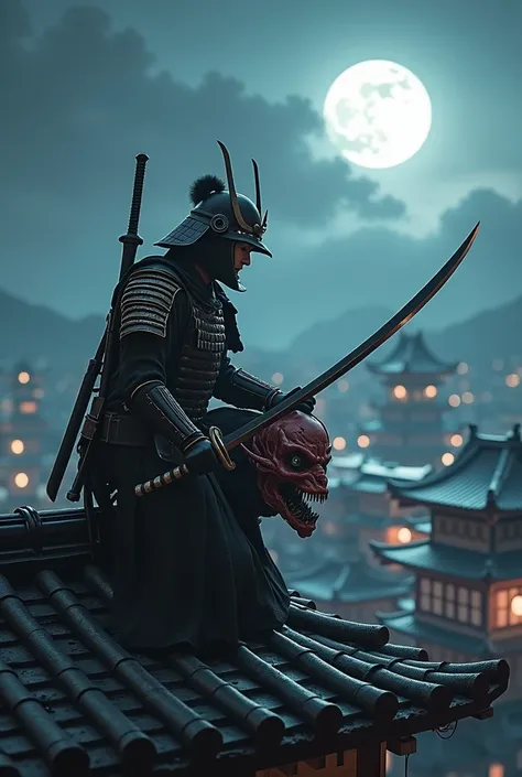 A samurai crouching on the roof of a Japanese feudal village, holding a sword with his right hand, and holding the head of an oni with his left hand, at night, 3D photorealistic, cyberpunk style, 9:16