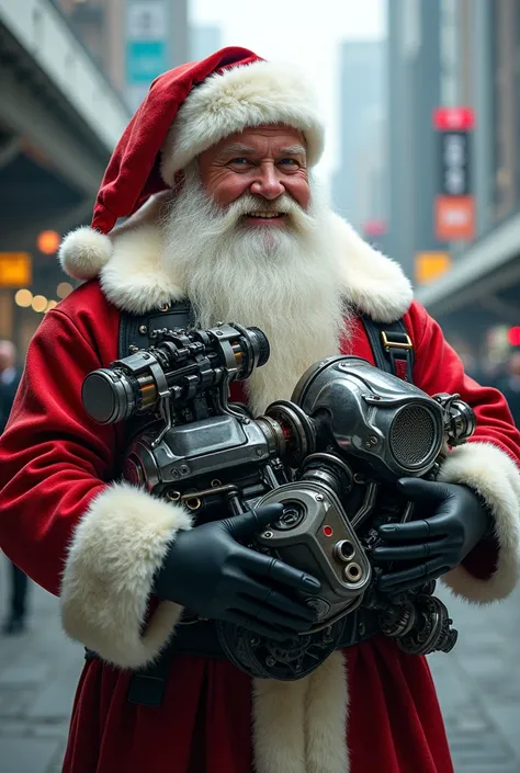 Realistic futuristic Santa Claus carrying car parts in his arms