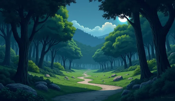 Create the image of a natural park. An environment full of trees and trails and paths. It is night and the place is deserted.