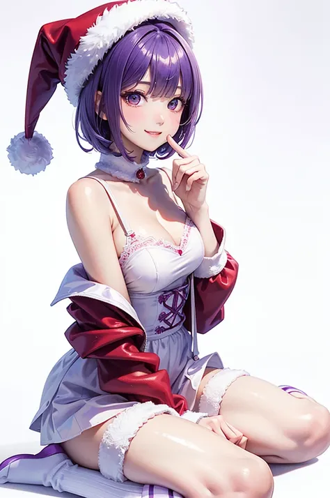  Best Quality , high definition ,8k, (a pure white background), (no details), (no scenery), (completely blank background),( Masterpiece:1.2), pretty girl,( glossy purple hair:1.3),(short hair),bob cut,Beautiful purple eyes,santa costume,santa coat, santa h...