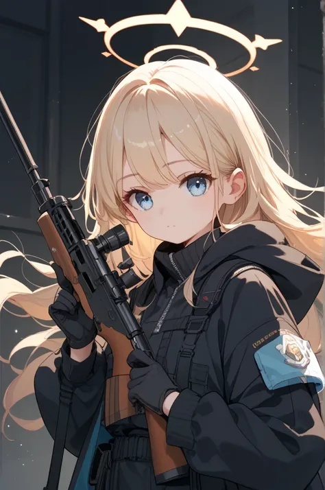 masterpiece, large boobs, cute, black cyber suit, black coat, rifle, long hair, blond hair, light blue eyes, set up, halo