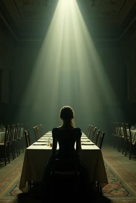 Theres a picture inside an old dining hall with the chairs that are back on the table and theres nobody there and theres only one woman sitting there. 
 is and there is a light on his head in the view of the medium and horizontally