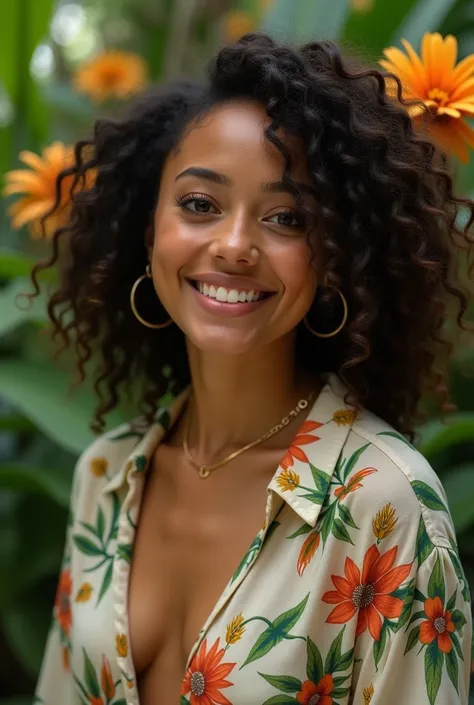  A Brazilian woman in a lush tropical garden,  wearing an open shirt with floral print ,  with a close up capturing the harmonious beauty between her breasts and natural flowers,  showing your natural charm and outgoing personality.