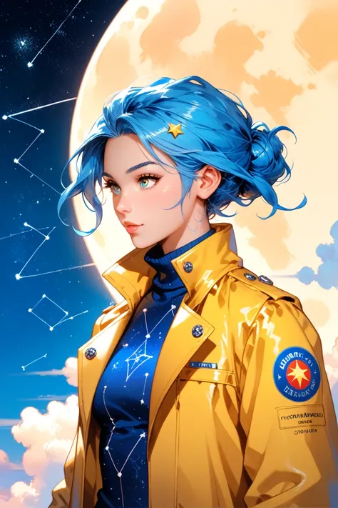 1other, (no human:1.5), (other:1.5), blue hair, blue skin, cloud, coat, colored skin, constellation, constellation print, faceless, jacket, long sleeves, moon, open clothes, open jacket, planet, sky, solo, sparkle, star (sky), star (symbol), turtleneck, up...