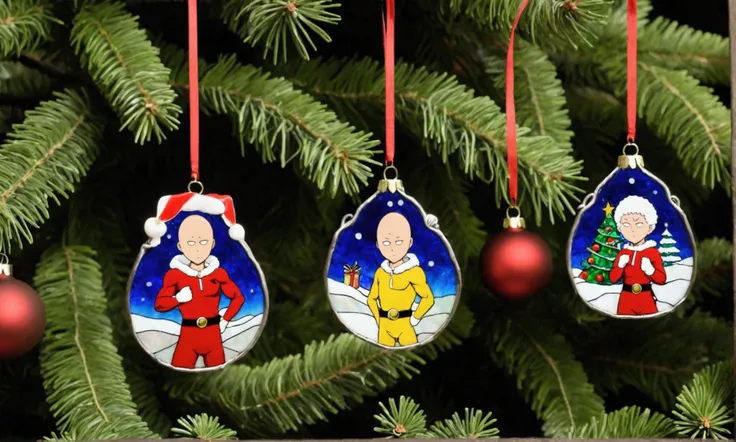 (anime characters One Punch Man Assorted Christmas tree ornaments made of Stained wavy glass with wire frames depicting Christmas Saitama, cottony packing material background
