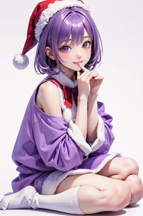  Best Quality , high definition ,8k, (a pure white background), (no details), (no scenery), (completely blank background),( Masterpiece:1.2), pretty girl,( glossy purple hair:1.3),(short hair),bob cut,Beautiful purple eyes,santa costume,santa coat, santa h...