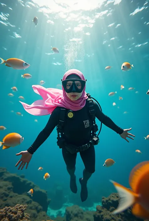 Woman wearing diving clothes. Pink hijab on her head . In Egypt with fish