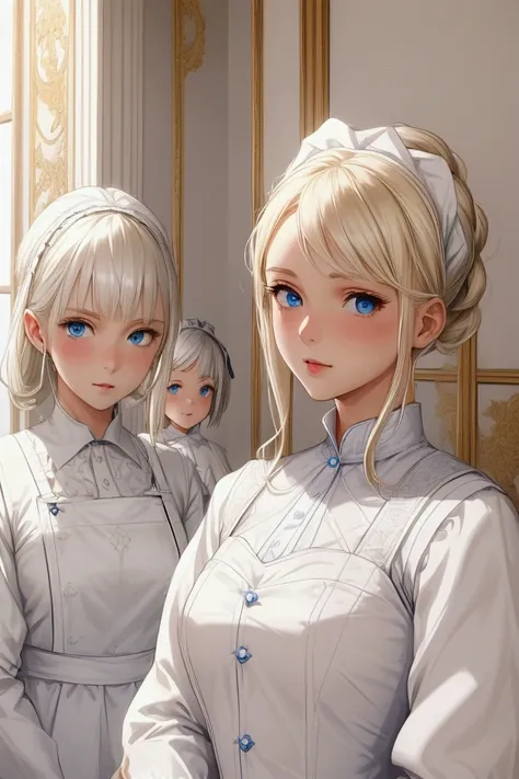 My three sister  maid girls, blonde platinum hair, blue eyes, womens white shirt, white vest, white dress, white gloves, house background