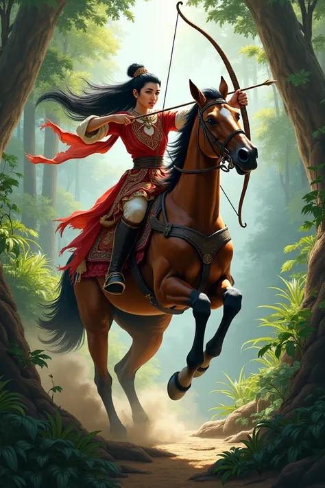 Hot mongolian girl in a horse with arrow in a jungle 