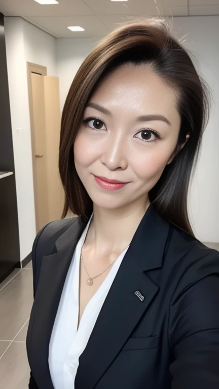 (a portrait with sharp focus and crisp quality, highlighting the subjects facial features), (from front, upper body, look at viewer)、 Create an image of a Japanese professional woman dressed as an office worker (OL).  She wears a fitted black blazer 、、、 Im...