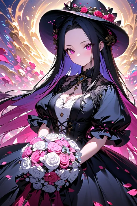 1 girl,,face not visible, black gothic dress ,Black hat,White bouquet ,(holding White bouquet ),standing,forehead,( black petals flying in profusion),Petal rain , Lots of petals , countless petals , petals floating in the air ,Art Deco, Color field paintin...