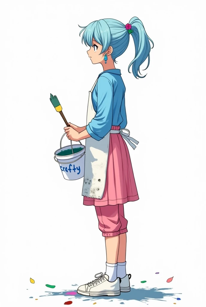 (anime) A teenage girl ,  of light blue hair and eyes with a ponytail,  wearing a blue blouse with light blue sleeves and long ,  a pink skirt with pink pants underneath , white sneakers and socks ,  a dirty white paint apron ,  colored flower earrings and...