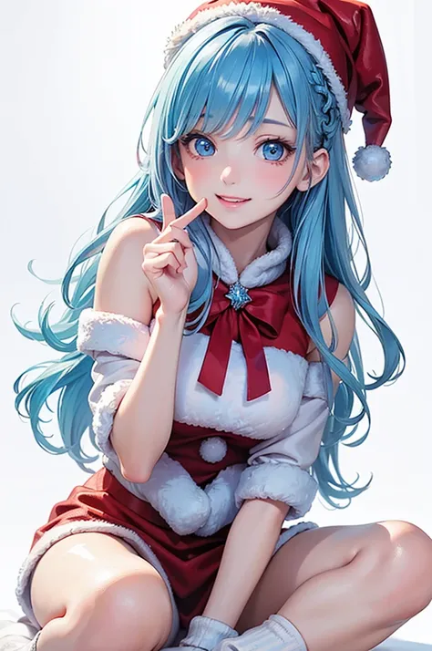  Best Quality , high definition ,8k, (a pure white background), (no details), (no scenery), (completely blank background),( Masterpiece:1.2), pretty girl,( glossy light blue hair:1.3),(long hair), beautiful light blue eyes ,santa costume,santa coat, santa ...