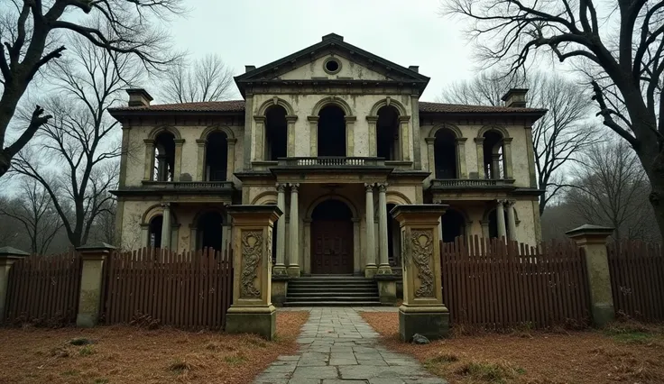  An abandoned colonial mansion in the interior of Goiás ,  surrounded by dry trees and an old rusty fence .  The façade is in ruins ,  with broken windows and peeling walls .  The stage is illuminated by a gray light in the late afternoon,  creating distur...