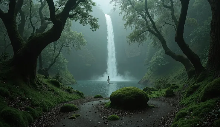  A shady trail in the Serra do Cipó ,  surrounded by tall, twisted trees , with moss covering the trunks . the vegetation is dense,  and a haze envelops the environment ,  creating a mysterious atmosphere . At the center,  a clearing with a large moss-cove...